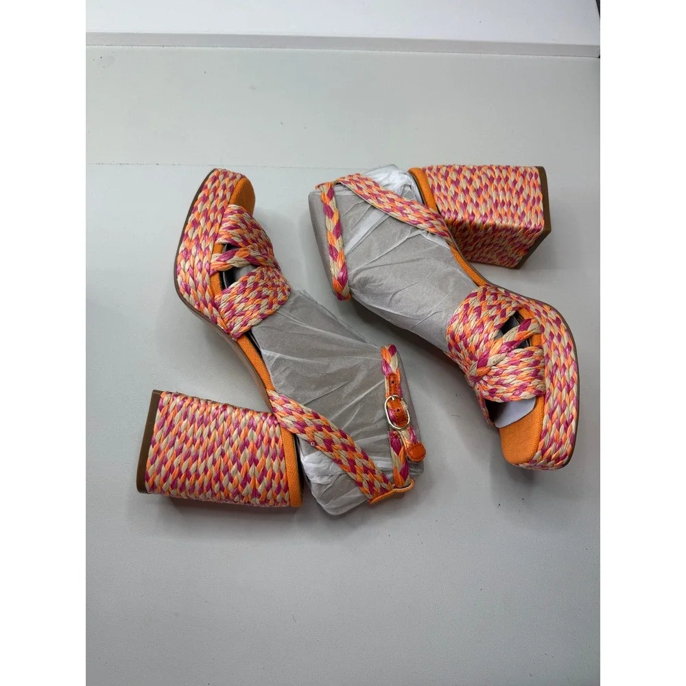 Marc Fisher LTD Janie Pink Orange Woven Block Heel Sandals 8.5M NEW